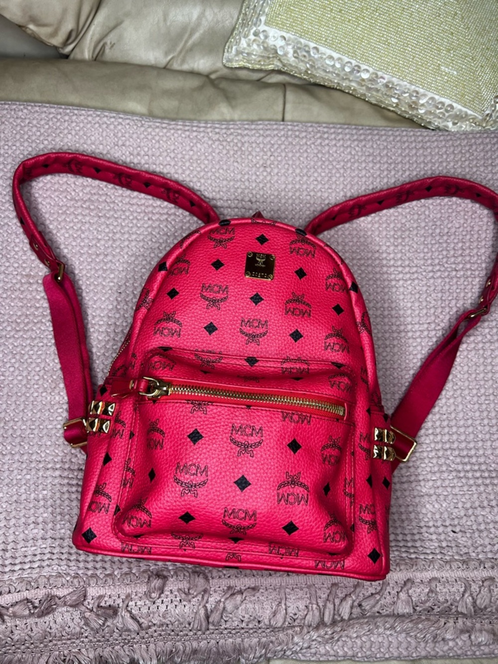 MCM Red Monogram Backpack Visteous Pyramid Studded